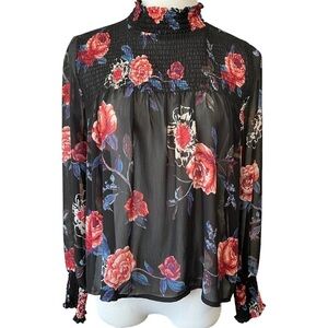About a Girl Sheer Floral Smocked High Neck Blouse Size Medium